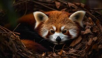 Fluffy red panda sitting on tree branch generated by AI photo