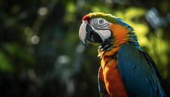 vibrante guacamayo encaramado en rama en selva generado por ai foto