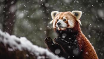 rojo panda sentado en Nevado árbol rama generado por ai foto