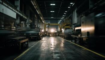 Modern factory illuminates night with steel machinery generated by AI photo