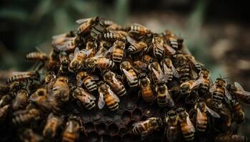 Busy honey bees working in crowded hive generated by AI photo