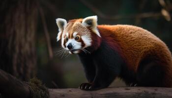 mullido rojo panda sentado en árbol rama generado por ai foto