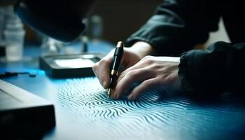 One person working at desk, holding pen generated by AI photo