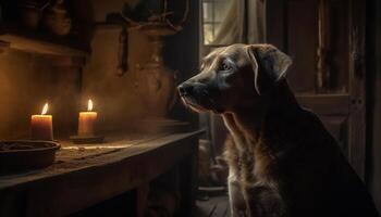 Cute purebred retriever puppy sitting on dark wood generated by AI photo