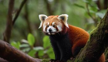 Fluffy panda sitting on tree branch outdoors generated by AI photo