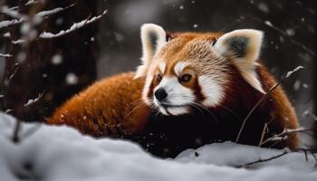 Red panda sitting on snowy tree branch generated by AI photo