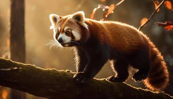 Fluffy panda sitting on branch, looking cute generated by AI photo