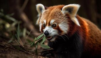 Fluffy red panda sitting on tree branch generated by AI photo