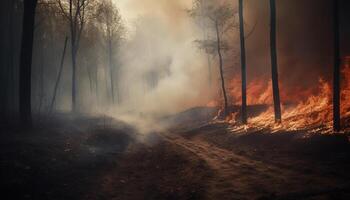 Burning forest, spooky mystery, destruction in nature generated by AI photo