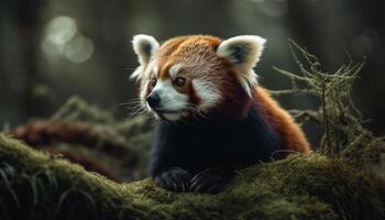 rojo panda sentado en rama, mirando linda generado por ai foto