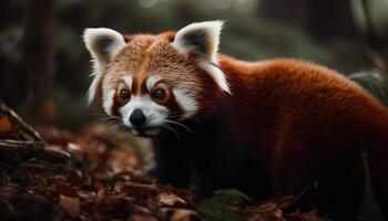 Fluffy red panda sitting in yellow grass generated by AI photo