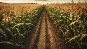 Ripe corn crop in rural landscape, harvesting season generated by AI photo