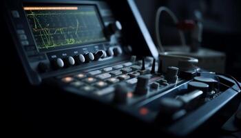 Sound engineer adjusts frequency on mixing panel generated by AI photo