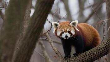 joven rojo panda sentado en árbol rama generado por ai foto