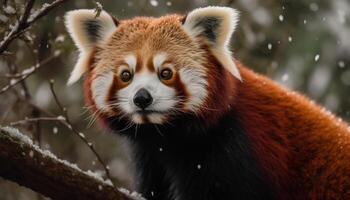 Fluffy young panda sitting on wet branch generated by AI photo