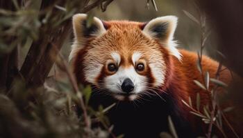 mullido pomeranio sentado en césped, mirando linda generado por ai foto