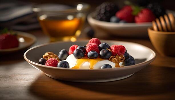 sano cuenco de mezclado baya yogur Granola parfait generado por ai foto