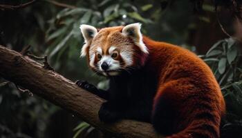 Fluffy panda sitting on tree branch looking cute generated by AI photo