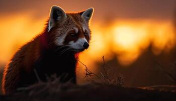 Red fox staring, alert in tranquil forest generated by AI photo