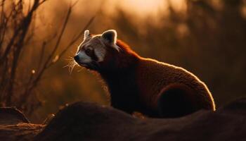 mullido panda sentado en árbol, mirando linda generado por ai foto