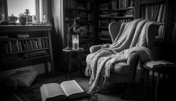 Comfortable reading corner in a modern library generated by AI photo