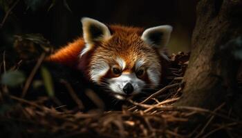 Fluffy red fox looking at camera outdoors generated by AI photo