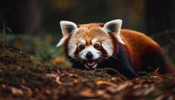 Cute red panda sitting on green grass generated by AI photo