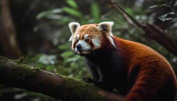 linda rojo panda sentado en bambú rama generado por ai foto