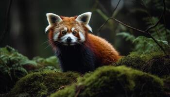 mullido rojo panda sentado en árbol rama generado por ai foto