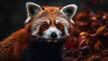 Cute red panda looking at camera outdoors generated by AI photo