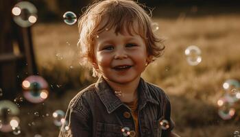 Smiling child blowing bubbles in nature beauty generated by AI photo