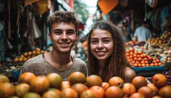 dos joven adultos elegir Fresco orgánico Fruta al aire libre generado por ai foto