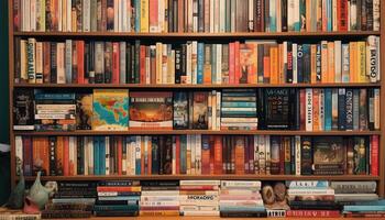 Abundance of old literature on wooden shelves generated by AI photo