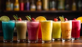 Vibrant collection of fruity cocktails on wooden table generated by AI photo
