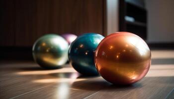 Shiny blue sphere on wooden table indoors generated by AI photo