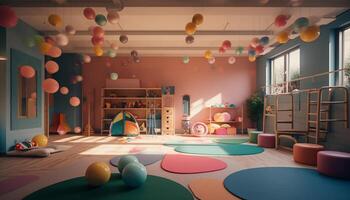 Playful child enjoys colorful toy in modern playroom generated by AI photo