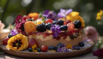 Sweet berry cheesecake with fresh fruit decoration generated by AI photo