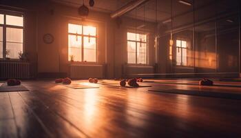 sano estilos de vida dentro yoga en madera dura piso generado por ai foto