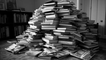 Large heap of old books in library generated by AI photo