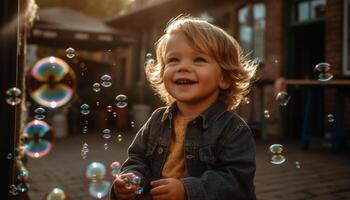 Cute Caucasian boy blowing bubbles in nature generated by AI photo