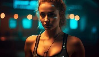 Young woman exercising in dark nightclub with headphones generated by AI photo