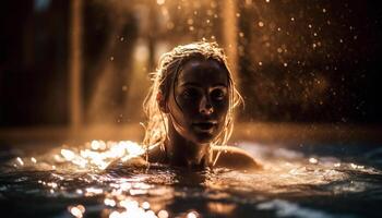 One woman smiling, enjoying refreshing swim outdoors generated by AI photo