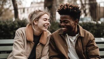 Young couple embracing in autumn nature, smiling generated by AI photo