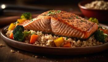 Grilled salmon fillet with asparagus and rice generated by AI photo