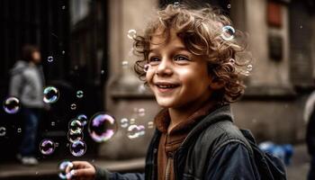 sonriente niño jugando al aire libre, despreocupado y contento generado por ai foto