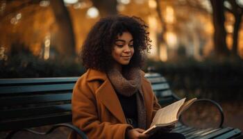 Young woman smiling, reading book in nature generated by AI photo