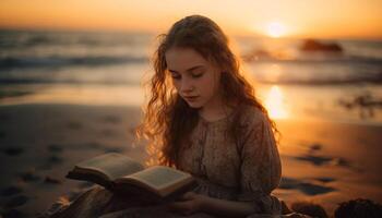 uno persona leyendo Biblia a sereno puesta de sol generado por ai foto