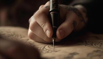 Hand holding pen creates intricate tattoo design generated by AI photo