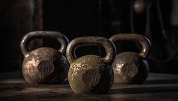 Rusty weights and equipment on wooden table generated by AI photo