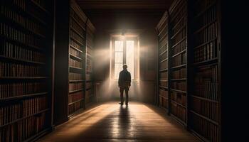 Young adult businessman walking through dark corridor generated by AI photo